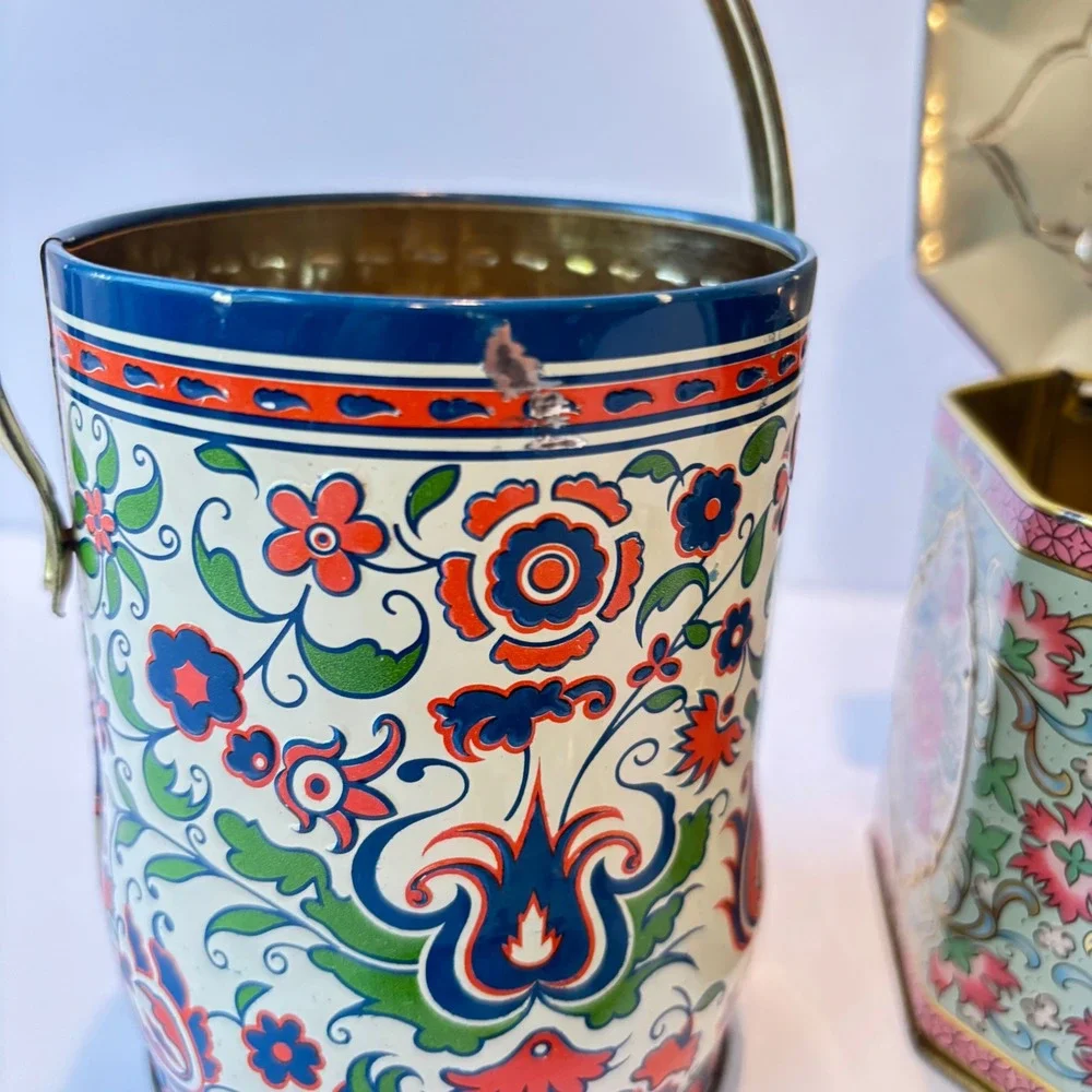 Vintage Metal Tins Set 3 Floral Chinoiserie Storage Boxes England USA Small